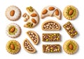 Assorted pastries on a white background include round and crescent-shaped cookies Royalty Free Stock Photo