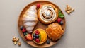 Platter include a croissant dusted with powdered sugar a cinnamon roll Royalty Free Stock Photo