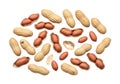 Assorted peanuts scattered on white background with shells intact and shelled Royalty Free Stock Photo
