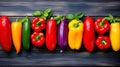 Assorted peppers artfully arranged on a rustic wooden background, AI-generated.