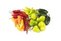 Assorted peppers isolated over white background. Jalapeno, chili, cheiro and cambuci peppers