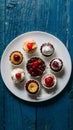 Assorted petite desserts presented on white plate, adorned with cherries