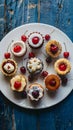 Assorted petite desserts presented on white plate, adorned with cherries