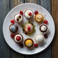 Assorted petite desserts presented on white plate, adorned with cherries