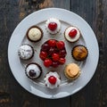 Assorted petite desserts presented on white plate, adorned with cherries