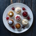 Assorted petite desserts presented on white plate, adorned with cherries