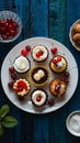 Assorted petite desserts presented on white plate, adorned with cherries