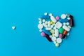 Assorted pharmaceutical medicine pills. Two Heart shape Royalty Free Stock Photo