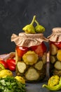 Assorted pickled cucumbers, patissons and tomatoes in jars on a dark background, vertical orientation