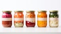 Assorted pickled or fermented vegetables in jars on white, sealed and stored
