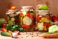 Assorted pickled vegetables in jars: cucumbers, tomatoes, cabbage, zucchini and peppers with garlic, dill and bay leaves in jars Royalty Free Stock Photo