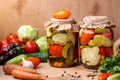 Assorted pickled vegetables in jars: cucumbers, tomatoes, cabbage, zucchini and peppers with garlic, dill and bay leaves in jars Royalty Free Stock Photo