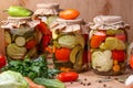 Assorted pickled vegetables in jars: cucumbers, tomatoes, cabbage, zucchini and peppers with garlic, dill and bay leaves in jars Royalty Free Stock Photo