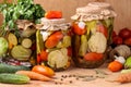 Assorted pickled vegetables in jars: cucumbers, tomatoes, cabbage, zucchini and peppers with garlic, dill and bay leaves in jars Royalty Free Stock Photo