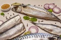 Assorted pickled whole fish. Norwegian herring