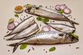 Assorted pickled whole fish. Norwegian herring