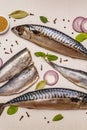 Assorted pickled whole fish. Norwegian herring