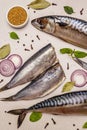 Assorted pickled whole fish. Norwegian herring