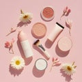 Assorted Pink-Themed Cosmetic Products Arranged on a Pastel Pink Background. Royalty Free Stock Photo