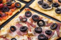 Assorted pizza slices. Margherita, pepperoni, four cheese pizza. Top view. Different types of pizza on the textured old Royalty Free Stock Photo