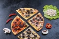 Assorted pizza slices. Margherita, pepperoni, four cheese pizza. Top view. Different types of pizza on the textured old Royalty Free Stock Photo