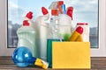 Assorted plastic bottles for cleaning. Royalty Free Stock Photo
