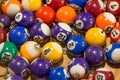 Assorted pool ball keychains with different colors for sale on a Royalty Free Stock Photo