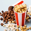 Assorted popcorn set in paper striped white red cup. Sweet and salty popcorn Royalty Free Stock Photo