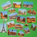 Assorted postcard-style illustrations on a green background. Scenes depict desert Royalty Free Stock Photo