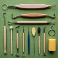 Assorted pottery carving tools arranged on a green textured surface Royalty Free Stock Photo