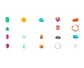 Assorted precious gemstones and jewelry pieces arranged on a white background. Colorful gems, rings, and earrings set