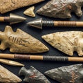 Assorted prehistoric arrowheads and spear points displayed on a dark surface. Royalty Free Stock Photo