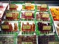 Assorted processed meat on display at a store