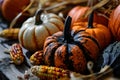 Assorted pumpkins and corn on a rustic wooden surface