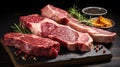 Assorted raw Black Angus Prime steaks, showcasing top-tier meat quality, Ai Generated