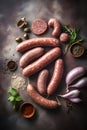 Assorted raw homemade sausages on dark background. Flat lay, top view