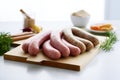 Assorted raw homemade sausages on woden board on light background