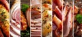 Assorted raw meat products collage with bright white dividers, illuminated in 7 segments Royalty Free Stock Photo