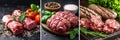 Assorted raw meat products collage with white line divisions, illuminated by bright intense light