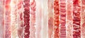 assorted raw meat products divided by white vertical lines in collage with bright white light