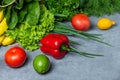 Assorted raw vegetables, fruits and herbs background Royalty Free Stock Photo