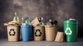 Assorted Recyclables with Recycling Bins