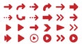 Assorted red arrow icons in multiple designs and orientations on a white background Keywords: arrow, icon, direction, symbol, Royalty Free Stock Photo