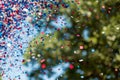 Assorted Red, White, and Blue Confetti, Bright red, white, and blue confetti floating over a 4th of July picnic, AI Generated