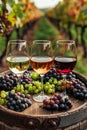 Assorted red, white, and rose wines tastefully arranged on wooden barrel in scenic vineyard backdrop