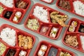 Assorted regular bento BEEF MISONO, TORI TERIYAKI, TONKATSU, SMOKED PORK BELLY, MIXED TEMPURA and KATSUDON with rice, salad, and Royalty Free Stock Photo