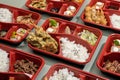 Assorted regular bento BEEF MISONO, TORI TERIYAKI, TONKATSU, SMOKED PORK BELLY, MIXED TEMPURA and KATSUDON with rice, salad, and Royalty Free Stock Photo