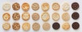 Assorted round crackers neatly arranged on a white background, food variety concept Royalty Free Stock Photo