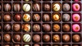 Assorted rows of delectable chocolate sweets nestled in a charming box. Tempting, Ai Generated