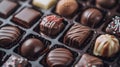 Assorted rows of different chocolate sweets neatly arranged in a box, Ai Generated